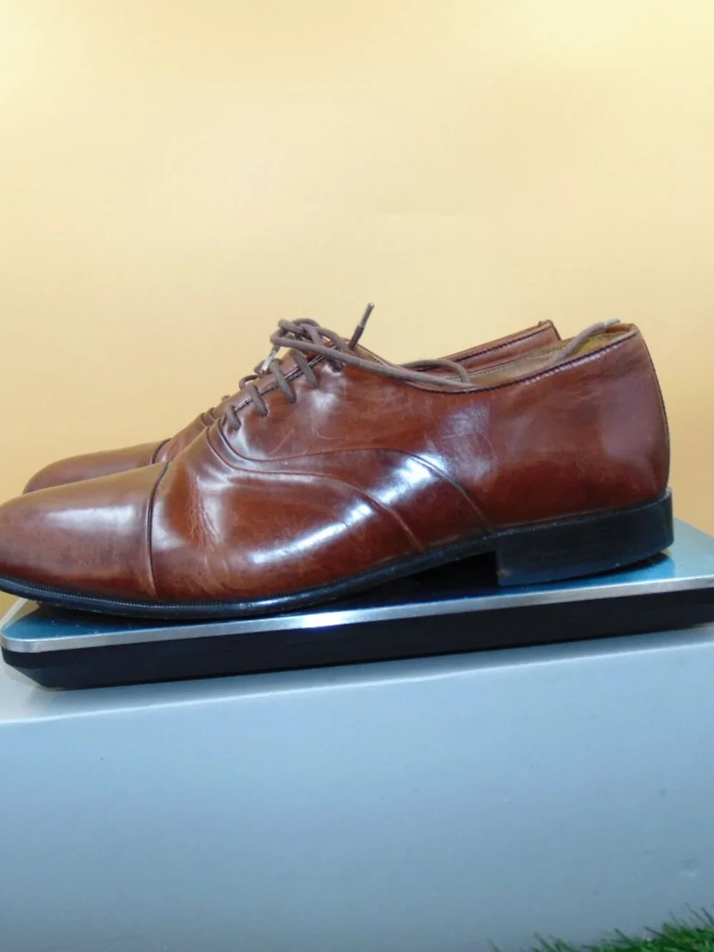 Stacy Adams Mens 9.5 M Cognac Brown Leather Cap Toe Oxfords Dress Shoes